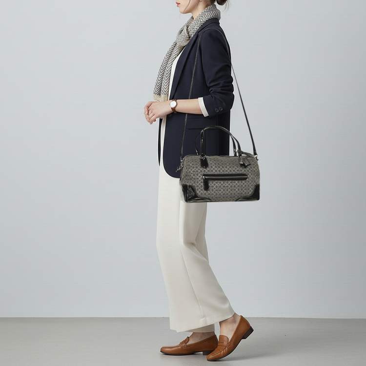 Pre Owned Coach Poppy Grey/Black Canvas and Patent Leather East West Satchel