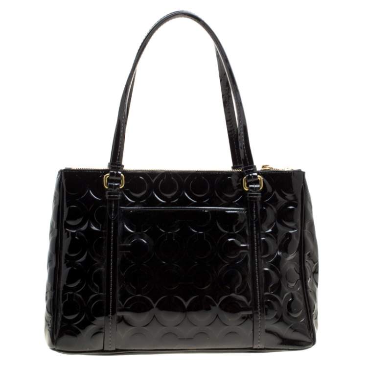Pre Owned Coach Black Patent Leather Peyton Op Art Double Zip Satchel