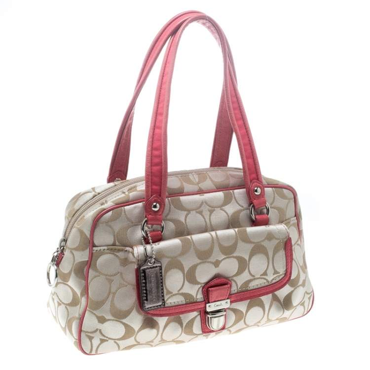 Pre Owned Coach Beige/Pink Signature Canvas and Leather Satchel