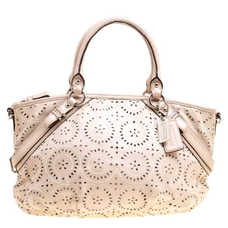 Pre Owned Coach Light Beige Laser Cut Leather Tote