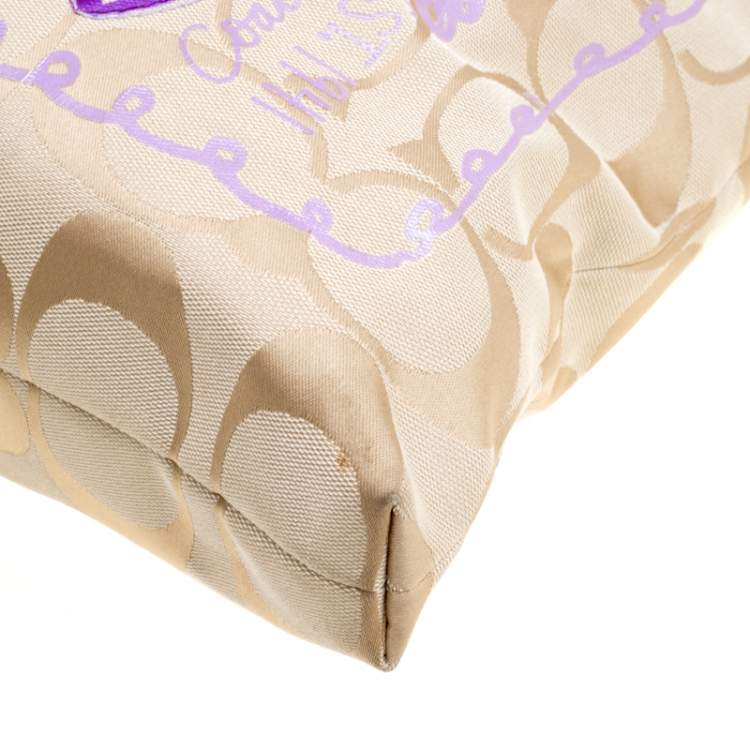 Pre Owned Coach Beige/Lilac Signature Canvas Poppy Glam Tote