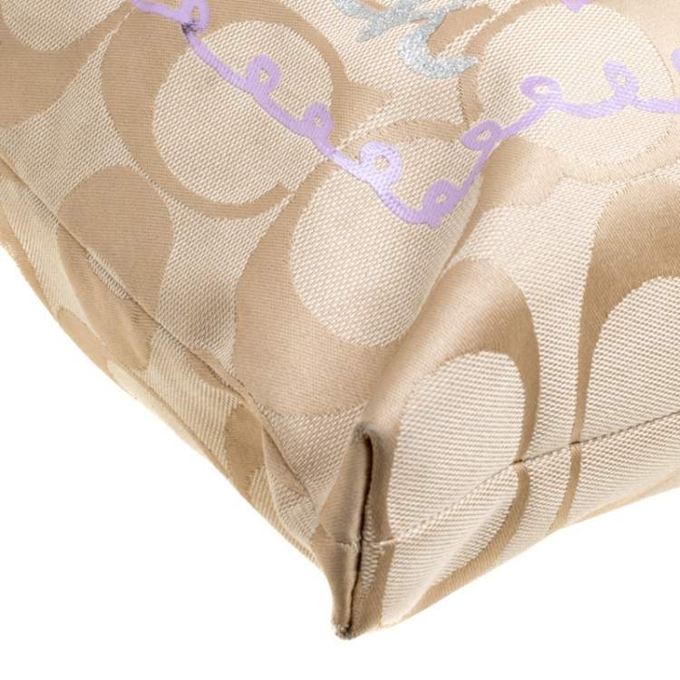 Pre Owned Coach Beige/Lilac Signature Canvas Poppy Glam Tote