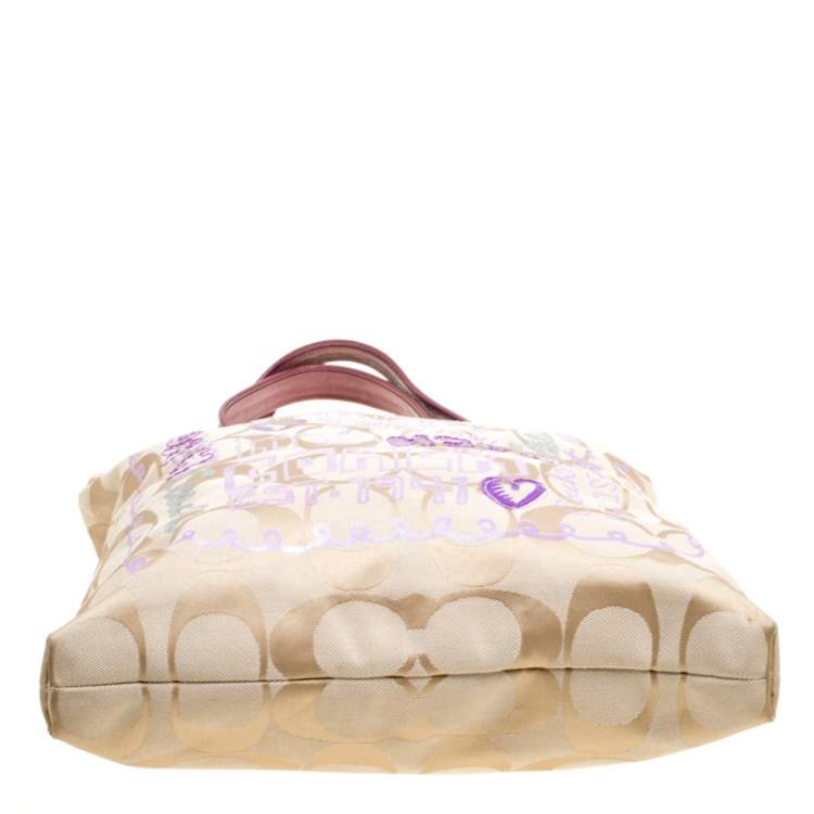 Pre Owned Coach Beige/Lilac Signature Canvas Poppy Glam Tote