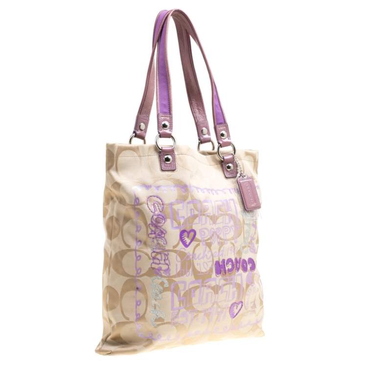 Pre Owned Coach Beige/Lilac Signature Canvas Poppy Glam Tote
