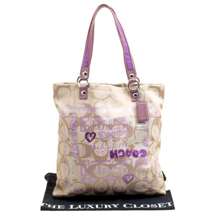 Pre Owned Coach Beige/Lilac Signature Canvas Poppy Glam Tote