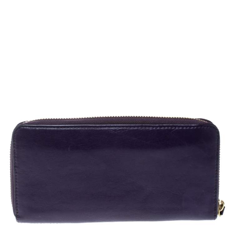 Pre Owned Coach Purple Leather Zip Around Wallet