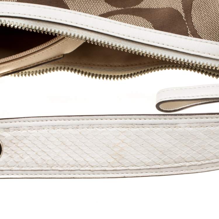 Pre Owned Coach Beige/White Signature Patched Canvas and Snake Skin Hobo