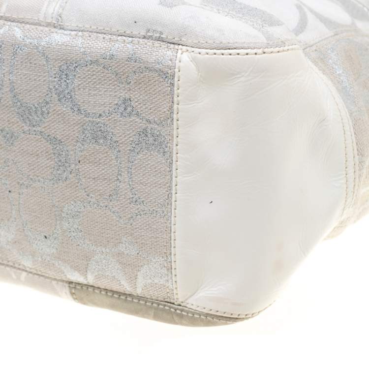 Pre Owned Coach White/Silver Canvas and Leather Patchwork Shopper Tote