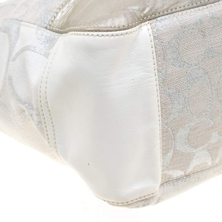 Pre Owned Coach White/Silver Canvas and Leather Patchwork Shopper Tote