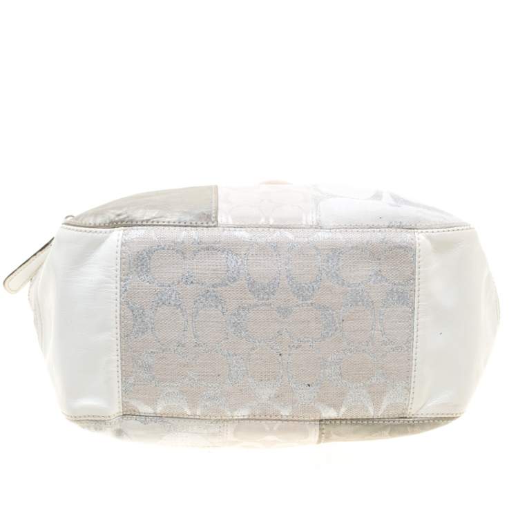 Pre Owned Coach White/Silver Canvas and Leather Patchwork Shopper Tote
