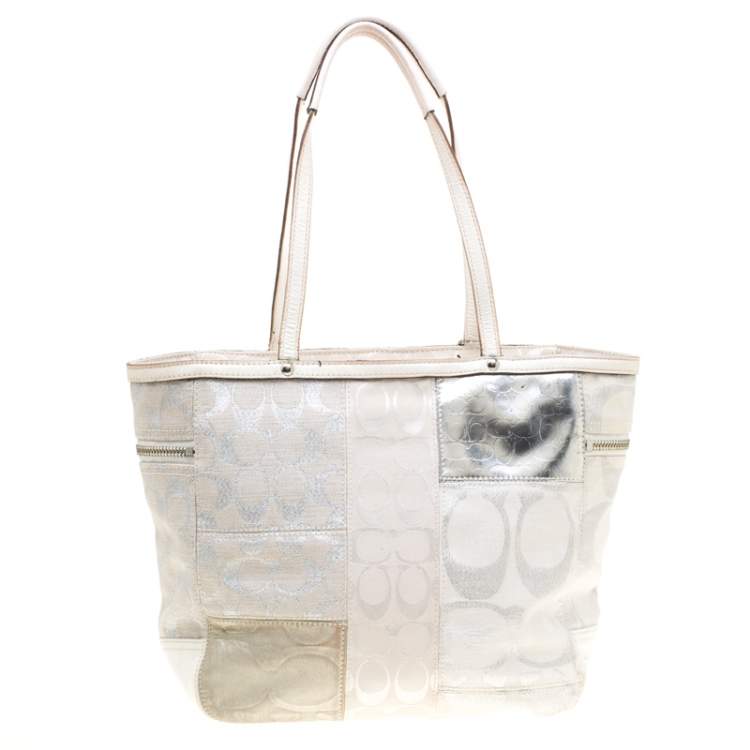 Pre Owned Coach White/Silver Canvas and Leather Patchwork Shopper Tote