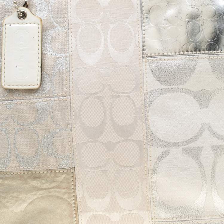 Pre Owned Coach White/Silver Canvas and Leather Patchwork Shopper Tote