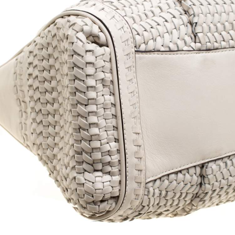 Pre Owned Coach Off-White Woven Leather Caroline Dowel Top Handle Bag