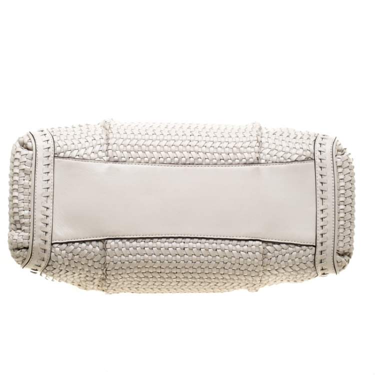 Pre Owned Coach Off-White Woven Leather Caroline Dowel Top Handle Bag