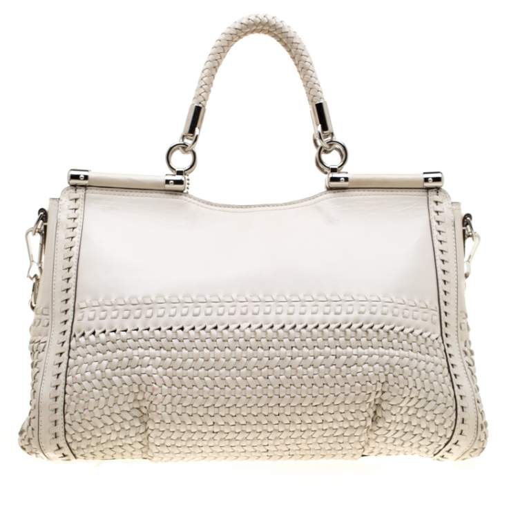 Pre Owned Coach Off-White Woven Leather Caroline Dowel Top Handle Bag