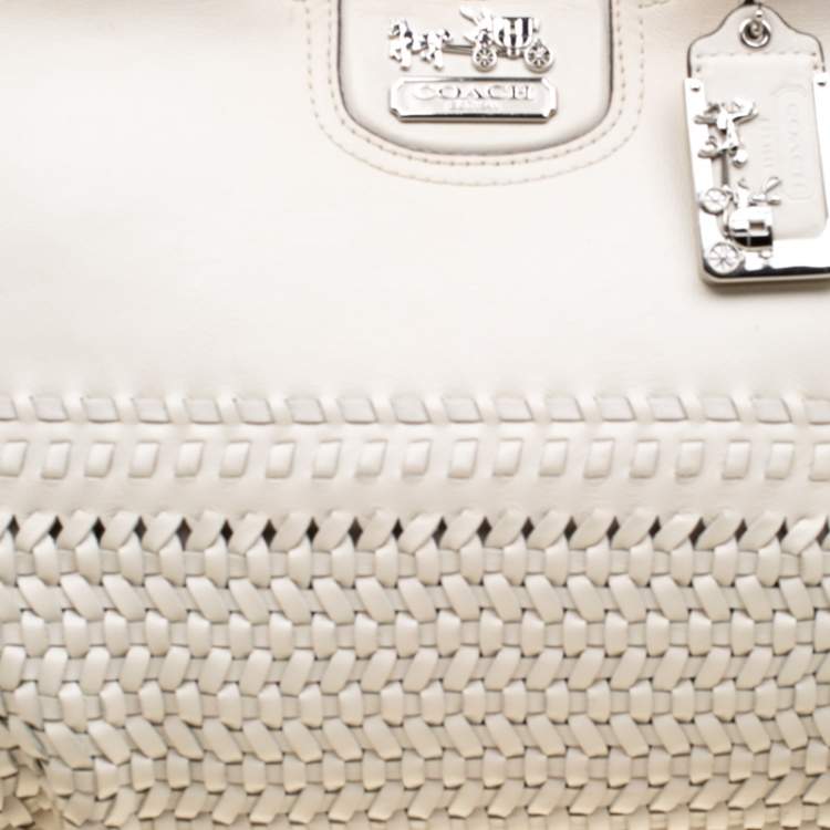 Pre Owned Coach Off-White Woven Leather Caroline Dowel Top Handle Bag