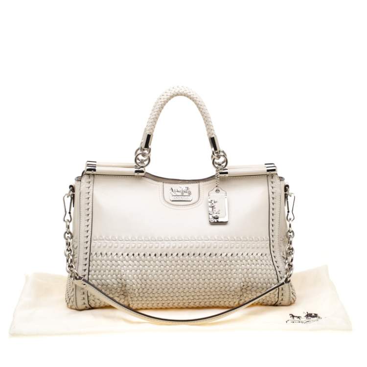 Pre Owned Coach Off-White Woven Leather Caroline Dowel Top Handle Bag