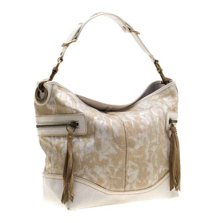 Pre Owned Coach Beige/White Printed Canvas and Leather Hobo