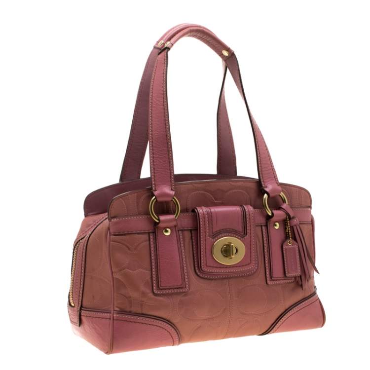 Pre Owned Coach Pink Leather Pocket Turnlock Satchel