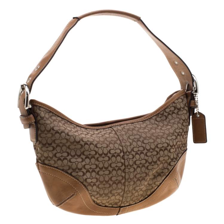 Pre Owned Coach Light Brown Signature Canvas And Leather Shoulder Bag