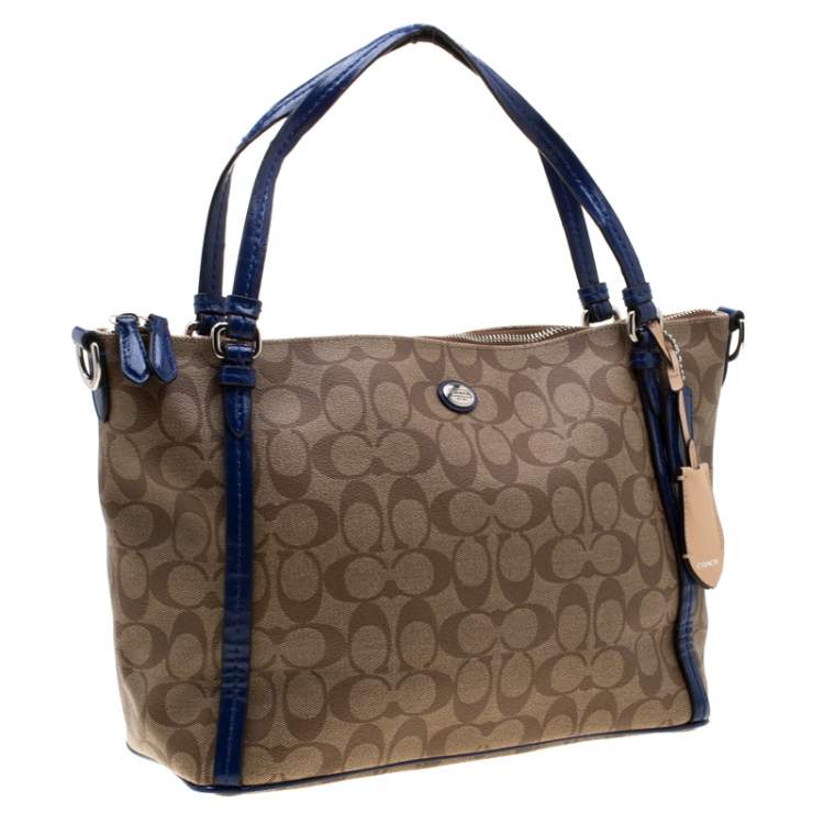Pre Owned Coach Brown/Blue Signature Coated Canvas and Patent Leather Tote