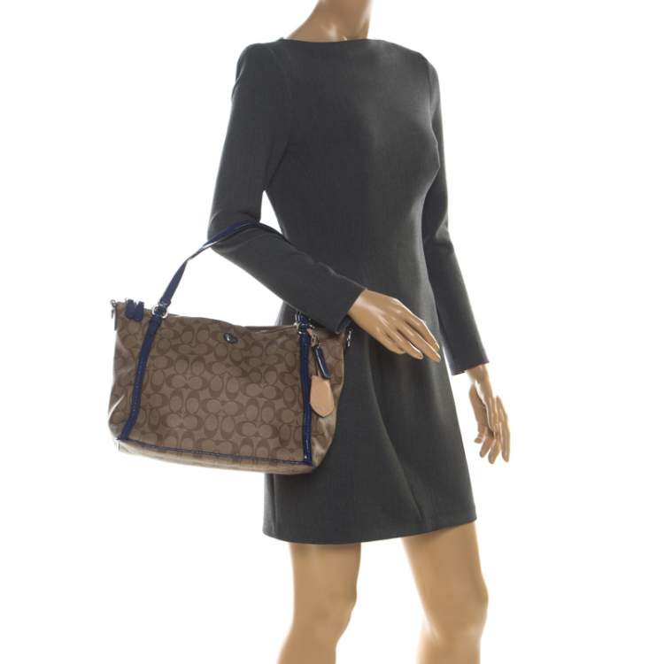 Pre Owned Coach Brown/Blue Signature Coated Canvas and Patent Leather Tote