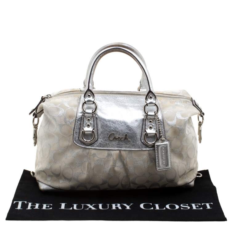 Pre Owned Coach Silver Canvas and Leather Ashley Satchel