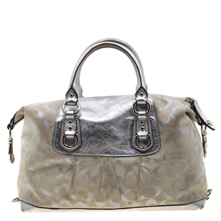 Pre Owned Coach Silver Canvas and Leather Ashley Satchel