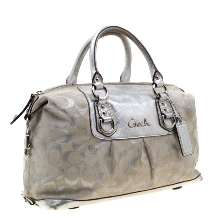 Pre Owned Coach Silver Canvas and Leather Ashley Satchel