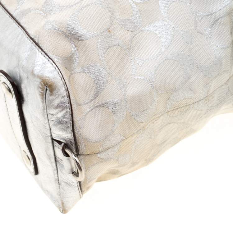 Pre Owned Coach Silver Canvas and Leather Ashley Satchel