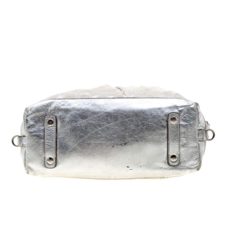 Pre Owned Coach Silver Canvas and Leather Ashley Satchel