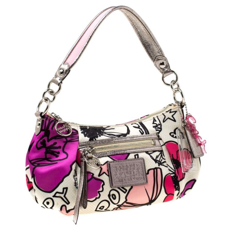 Pre Owned Coach Multicolor Satin and Leather Poppy Shoulder Bag