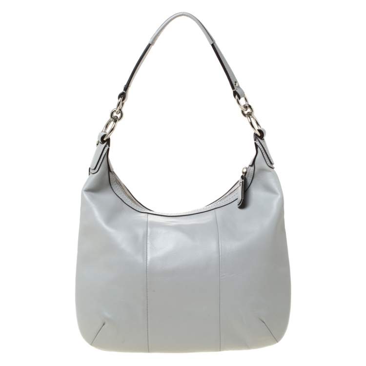 Pre Owned Coach Grey Woven Leather Kristin Hobo