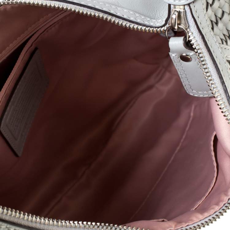Pre Owned Coach Grey Woven Leather Kristin Hobo