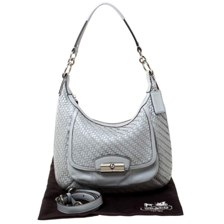 Pre Owned Coach Grey Woven Leather Kristin Hobo