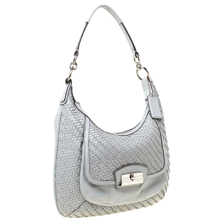 Pre Owned Coach Grey Woven Leather Kristin Hobo