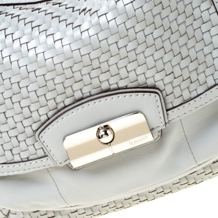 Pre Owned Coach Grey Woven Leather Kristin Hobo