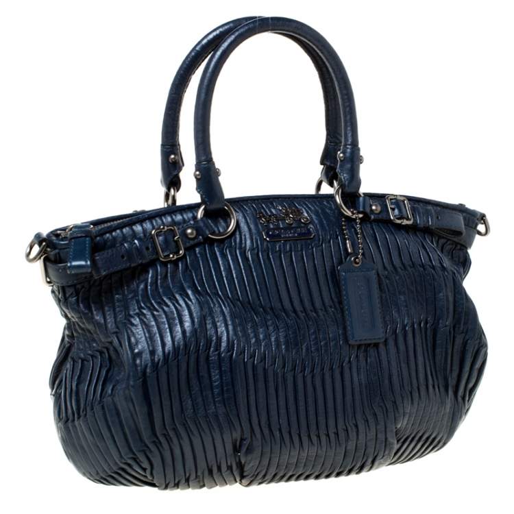 Pre Owned Coach Navy Blue Leather Madison Gathered Lindsey Satchel