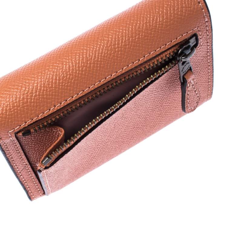 Pre Owned Coach Pastel Orange/Pink Leather Colorblock Trifold Wallet 