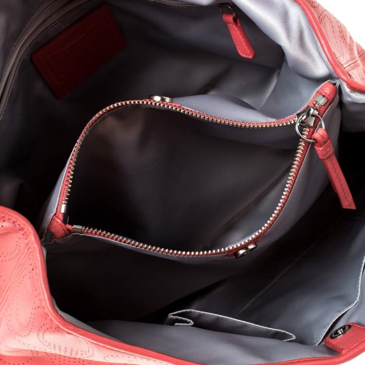 Pre Owned Coach Light Orange Leather Perforated Tote 
