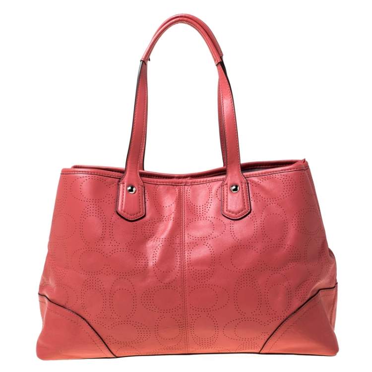 Pre Owned Coach Light Orange Leather Perforated Tote 