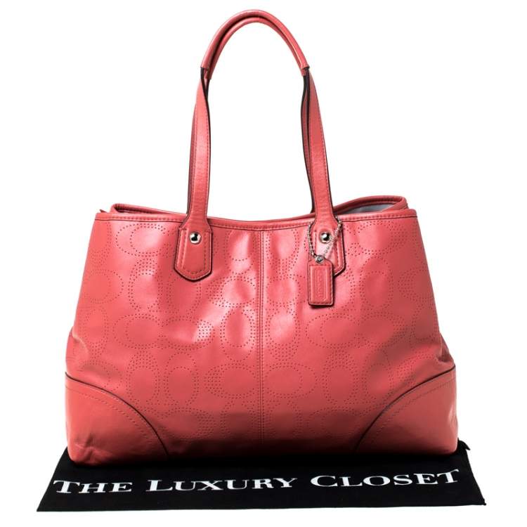 Pre Owned Coach Light Orange Leather Perforated Tote 