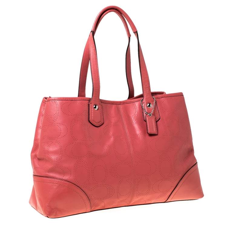 Pre Owned Coach Light Orange Leather Perforated Tote 