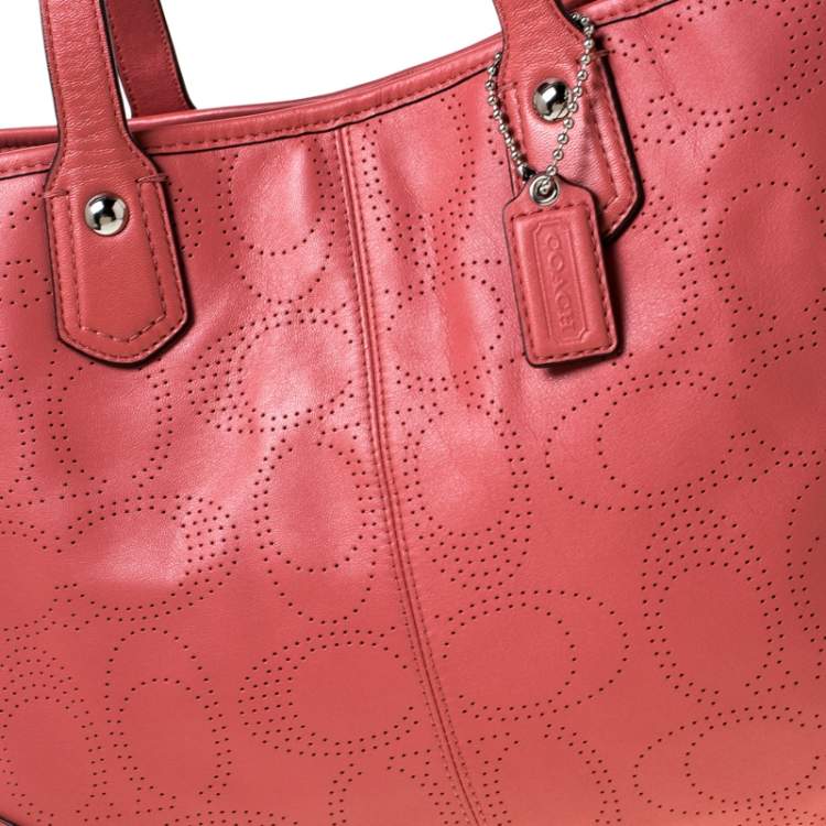 Pre Owned Coach Light Orange Leather Perforated Tote 