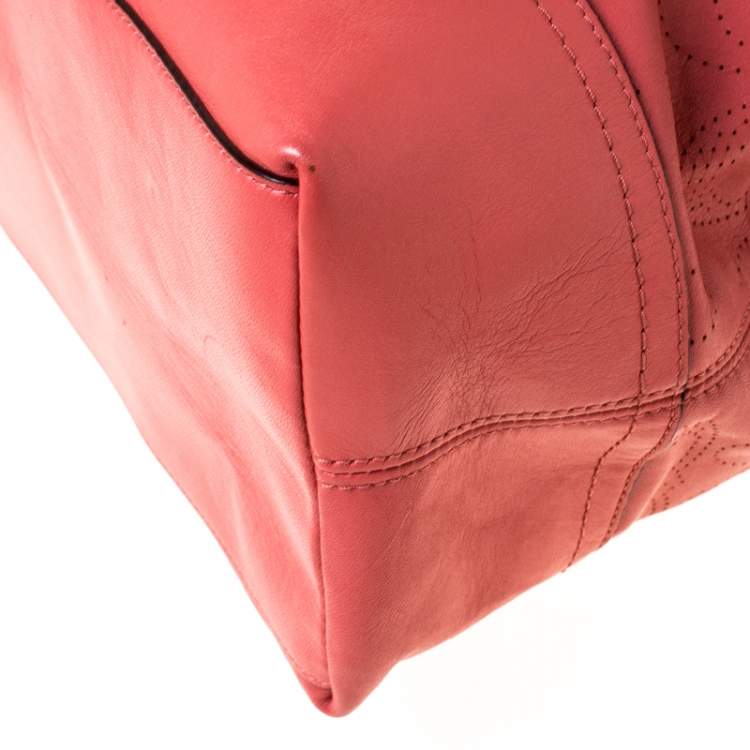 Pre Owned Coach Light Orange Leather Perforated Tote 