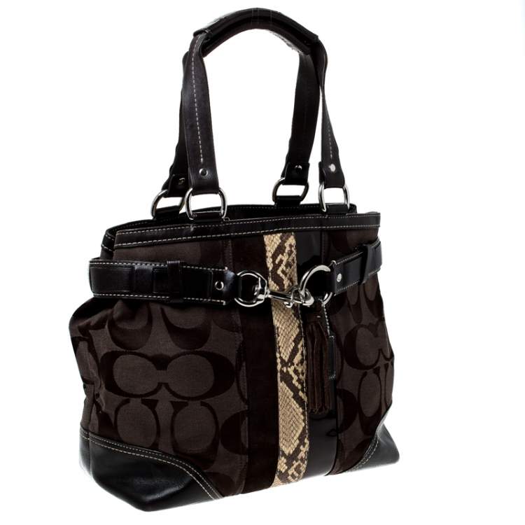 Pre Owned Coach Black/Brown Canvas and Leather Hampton Satchel