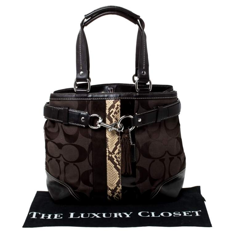 Pre Owned Coach Black/Brown Canvas and Leather Hampton Satchel
