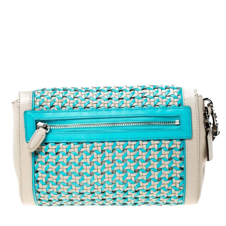 مملوكة مسبقًا Coach Beige/Blue Caning Leather Flap Wristlet Clutch