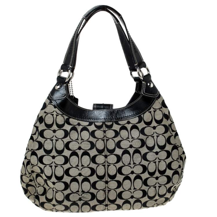 Pre Owned Coach Beige/Black Monogram Canvas and Leather Buckle Shoulder Bag