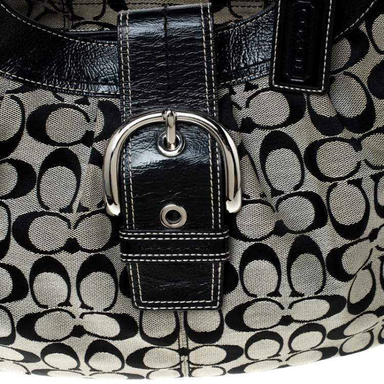 Pre Owned Coach Beige/Black Monogram Canvas and Leather Buckle Shoulder Bag